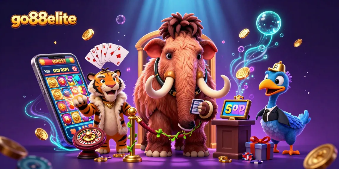 Spin the reels at go88elite with a vibrant casino scene featuring cartoon characters, playing cards, and gold coins.