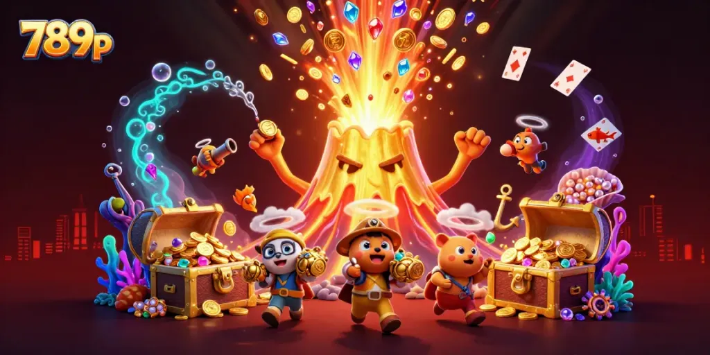 Experience the excitement of 789p as a golden volcano erupts treasures amidst playful animals and vibrant underwater elements.