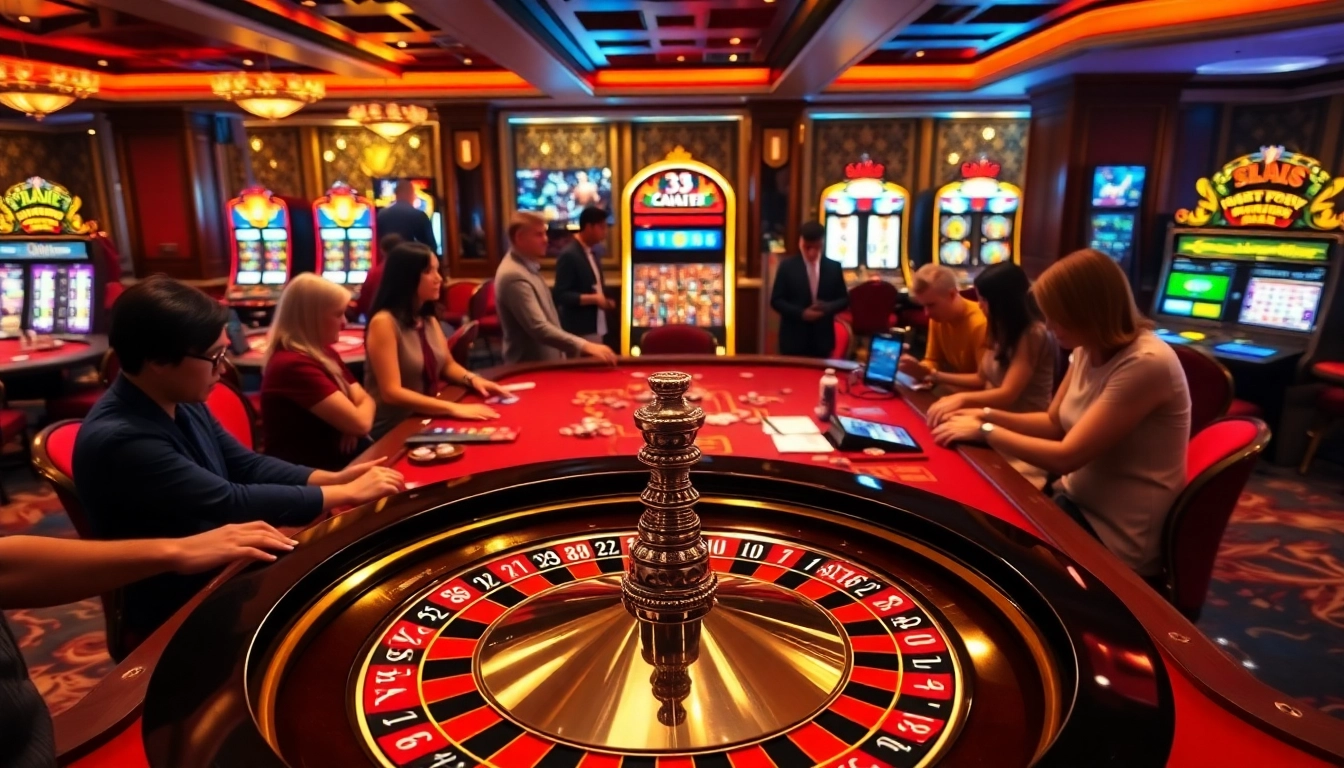 Players engaging in thrilling games at 33win casino, with vibrant roulette and slot machines.