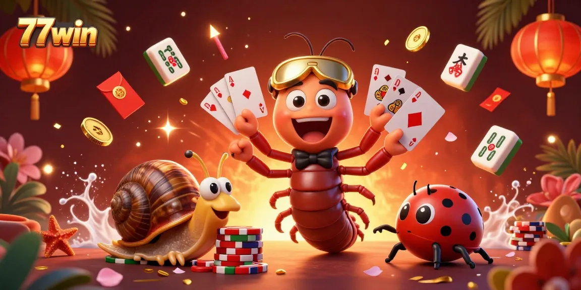 Join the excitement at 77win with a whimsical casino scene featuring a millipede dealer and high-roller snail.