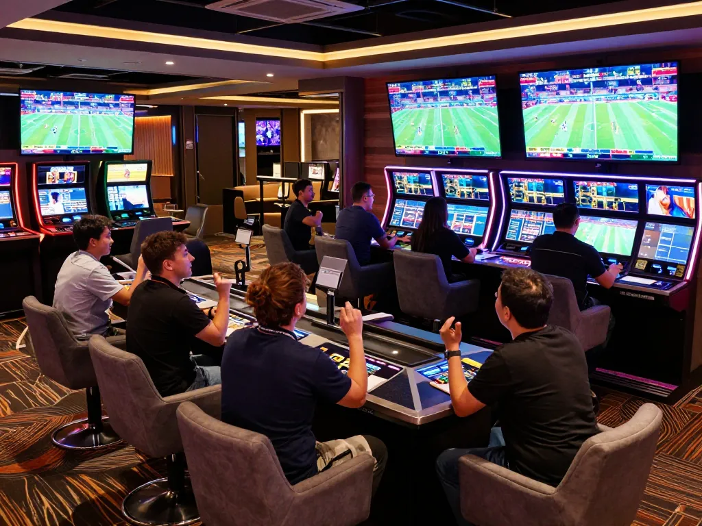 E2bet sports fans cheering during a live betting event in a vibrant casino atmosphere.