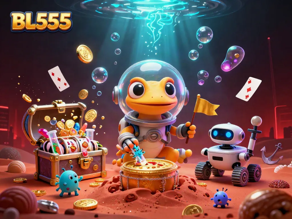 Engage with BL555's vibrant casino adventure featuring a Martian gecko and robot in a colorful 3D scene.