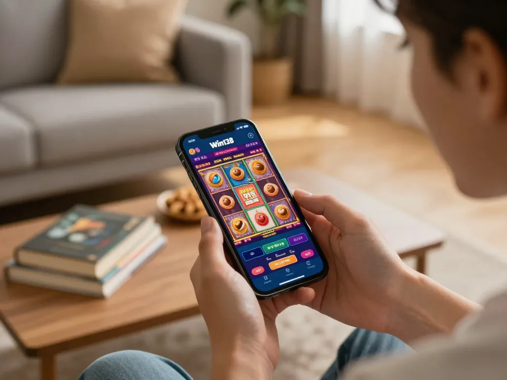 Engaging gameplay on the Win138 app showcases vibrant slots in a cozy living room.
