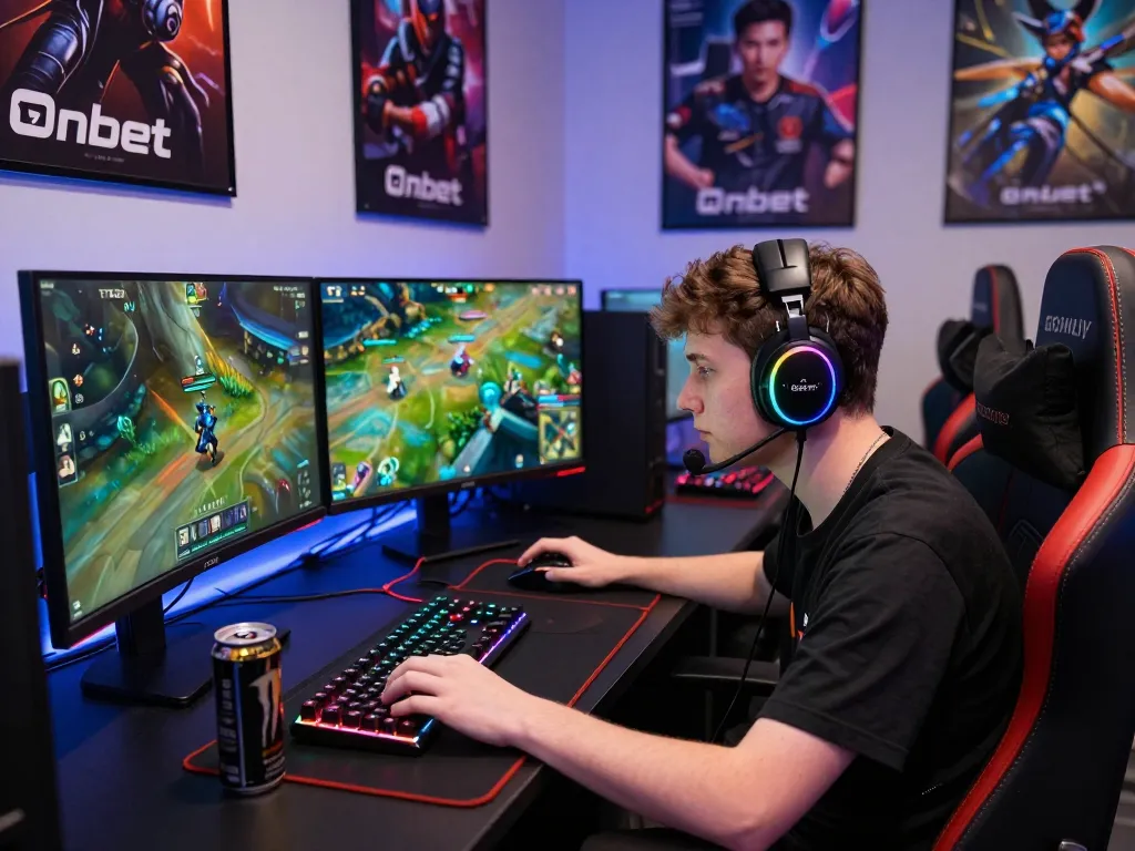 Gamer competing in Onbet LOL, immersed in an intense match with dual monitors and vibrant RGB setup.