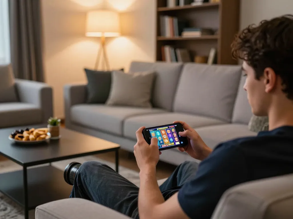Engaging in mobile play on a smartphone while enjoying gaming at home, showcasing 918kaya