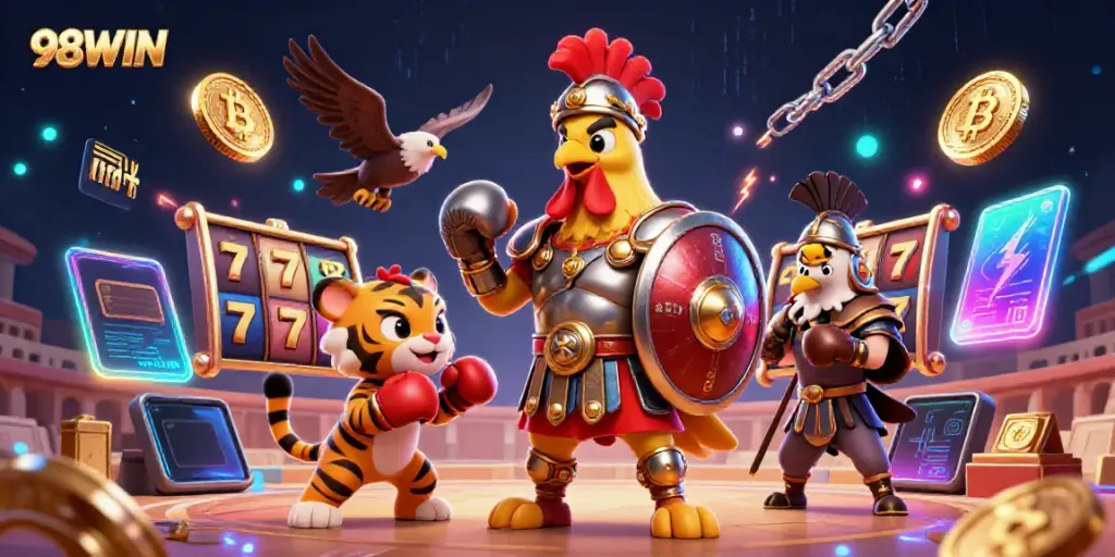 Experience exciting gameplay at 98WIN with a dynamic casino scene featuring a rooster warrior