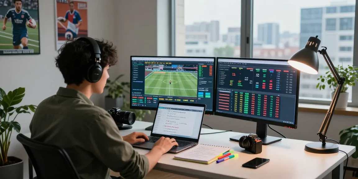 Tỷ lệ kèo analysis in a modern home office with live sports data and betting strategies.