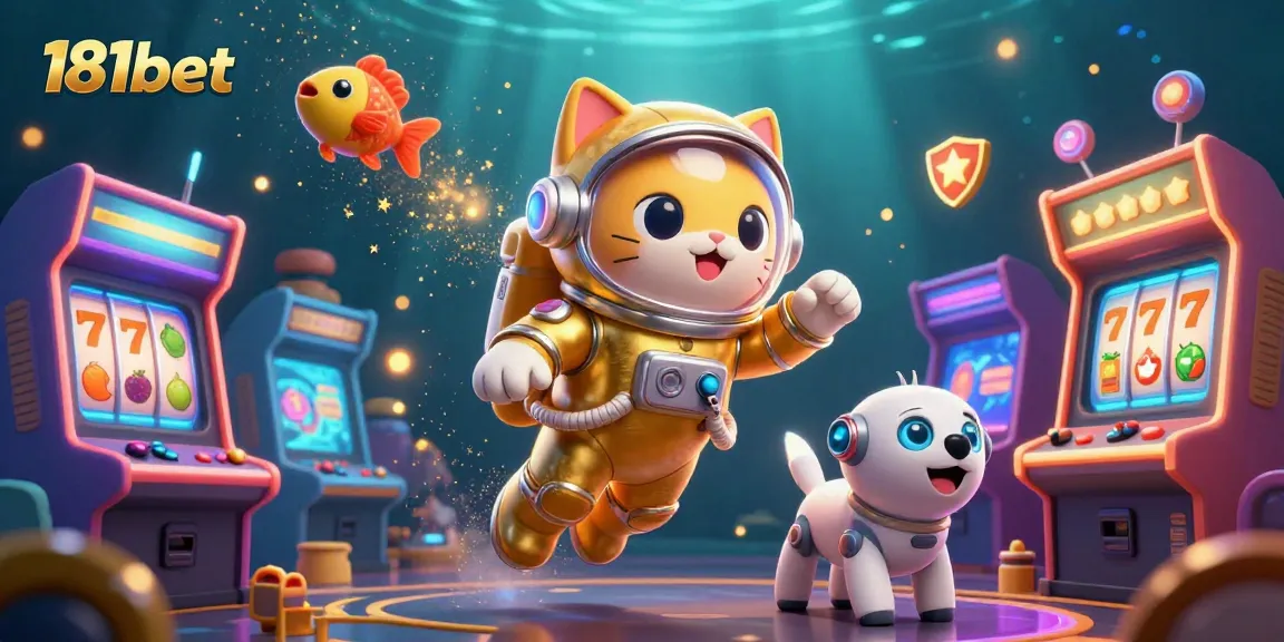 Engage with thrilling gameplay at 181bet, showcasing vibrant arcade machines and slick golden space elements.