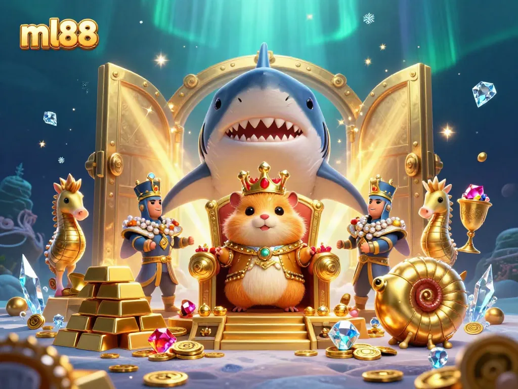 Experience the excitement of ml88 with the golden hamster king ruling a treasure-filled underwater casino scene.