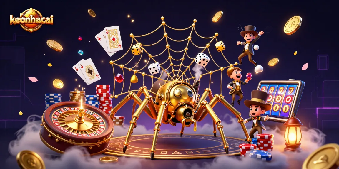 Experience keonhacai as a steampunk spider weaves golden chains around vibrant casino elements.