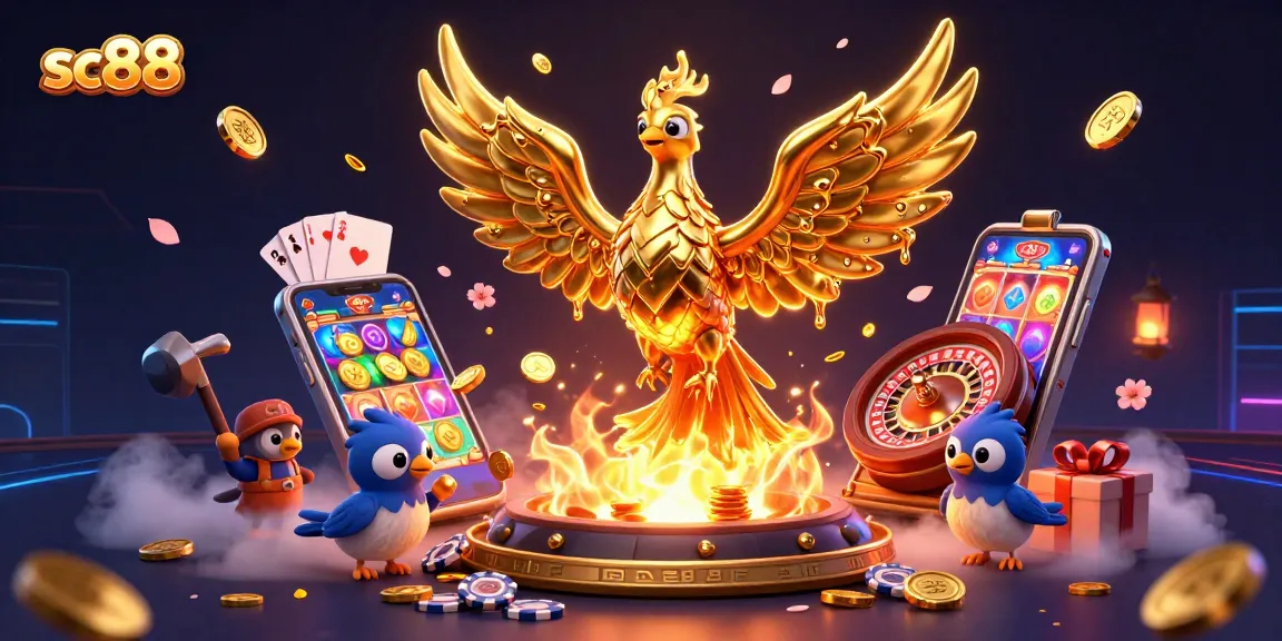 sc88 gaming scene with golden phoenix and casino elements in vivid 3D illustration