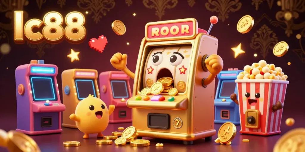 Experience the excitement as lc88's golden slot machine hits the jackpot amidst cheering baby machines and vibrant arcade elements.