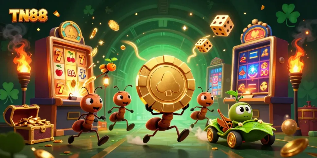 Ants pulling a giant poker chip in TN88's vibrant casino scene filled with golden treasures.