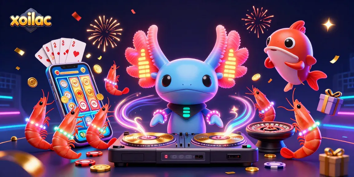 Xoilac engages viewers with vibrant 3D visuals of slots, cards, and festive characters in a lively gambling atmosphere.