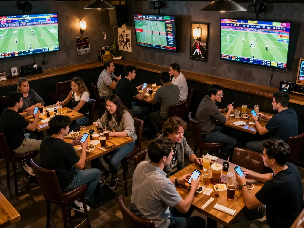 Experience the thrill of 7mz sports betting as friends engage with dynamic games, screens, and excitement.