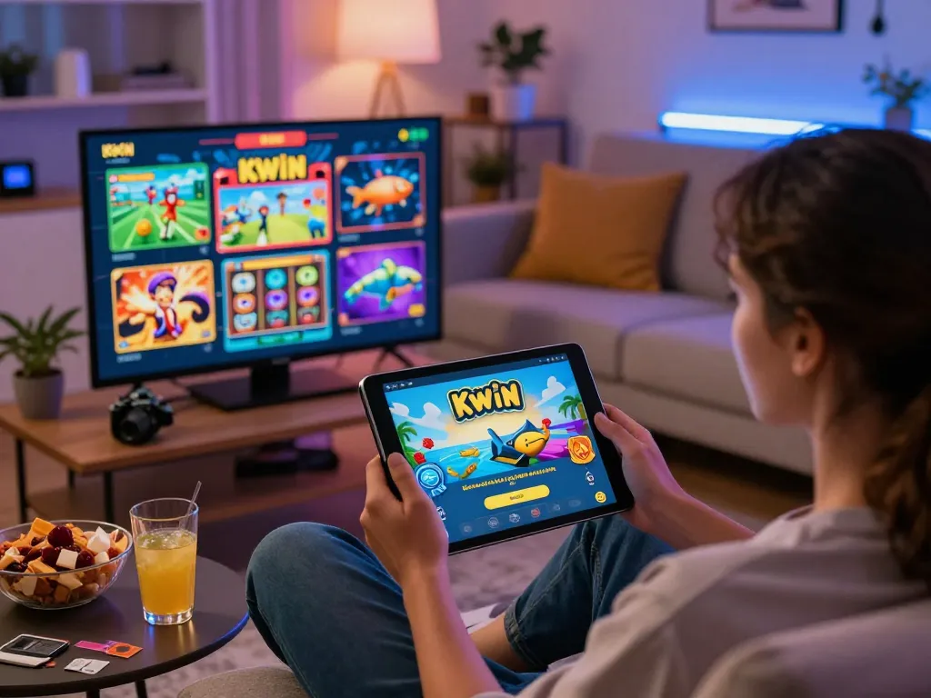 Kwin app user enjoying diverse online games in a cozy living room