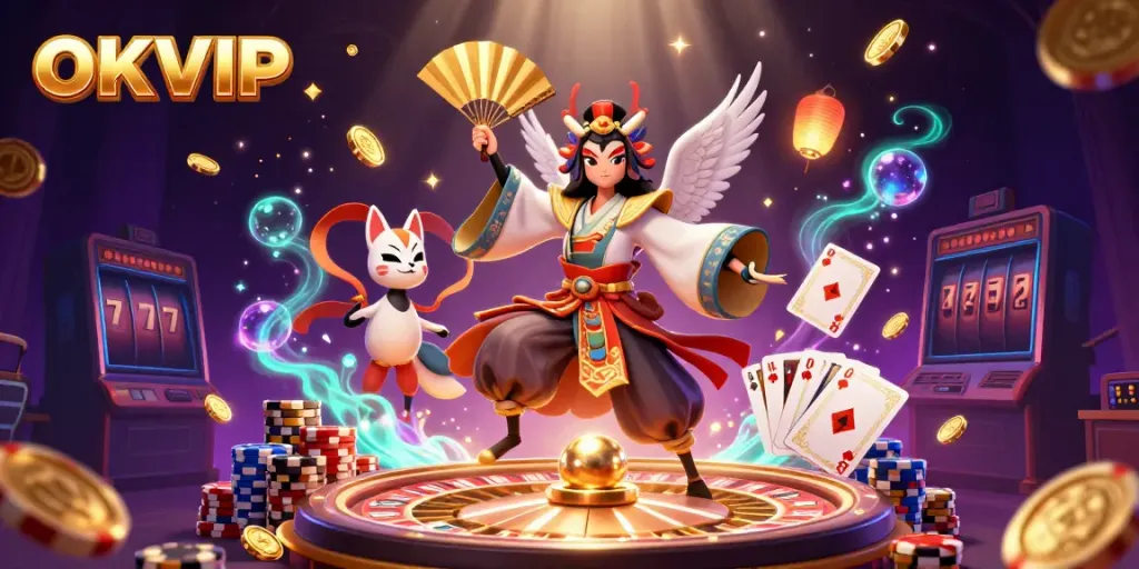 Experience the vibrant gaming action of OKVIP with kabuki warriors and rich casino elements.