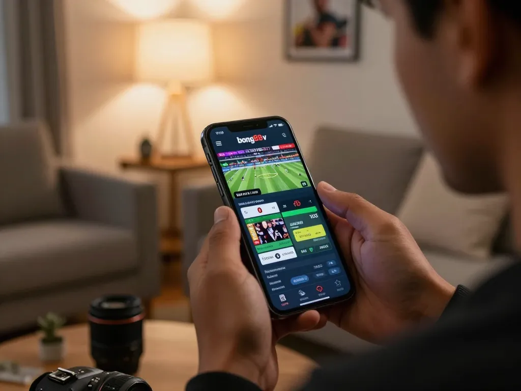 Engaging scene of bong88v app for sports betting, depicting live odds on a smartphone in a cozy home setting.