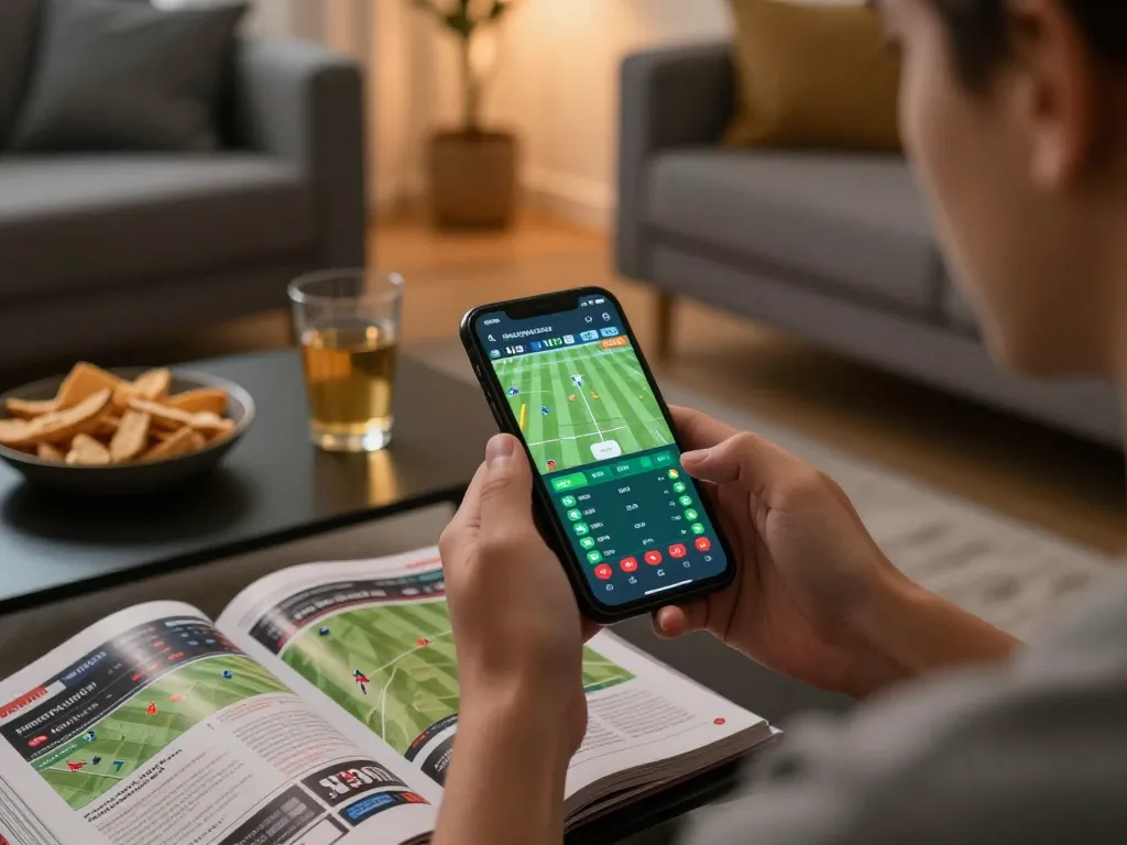 Engaging in sports betting for rik vip using smartphone in cozy home atmosphere.