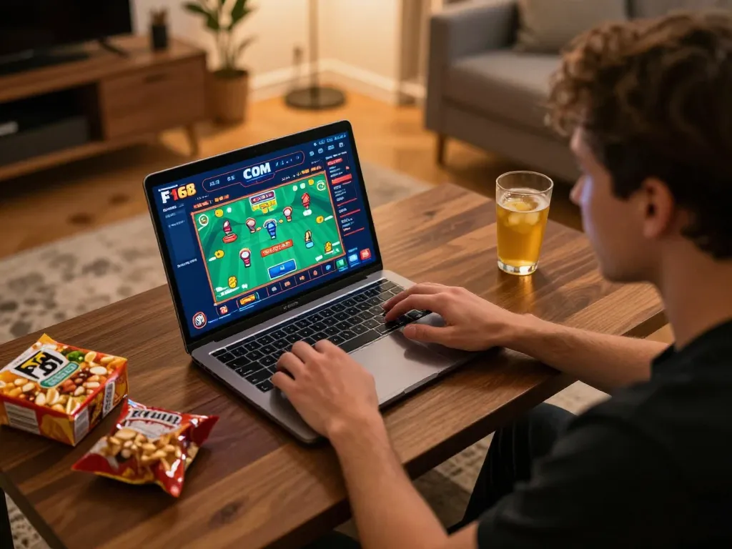 Player engaging with F168 COM online casino interface while enjoying snacks in a cozy home environment.