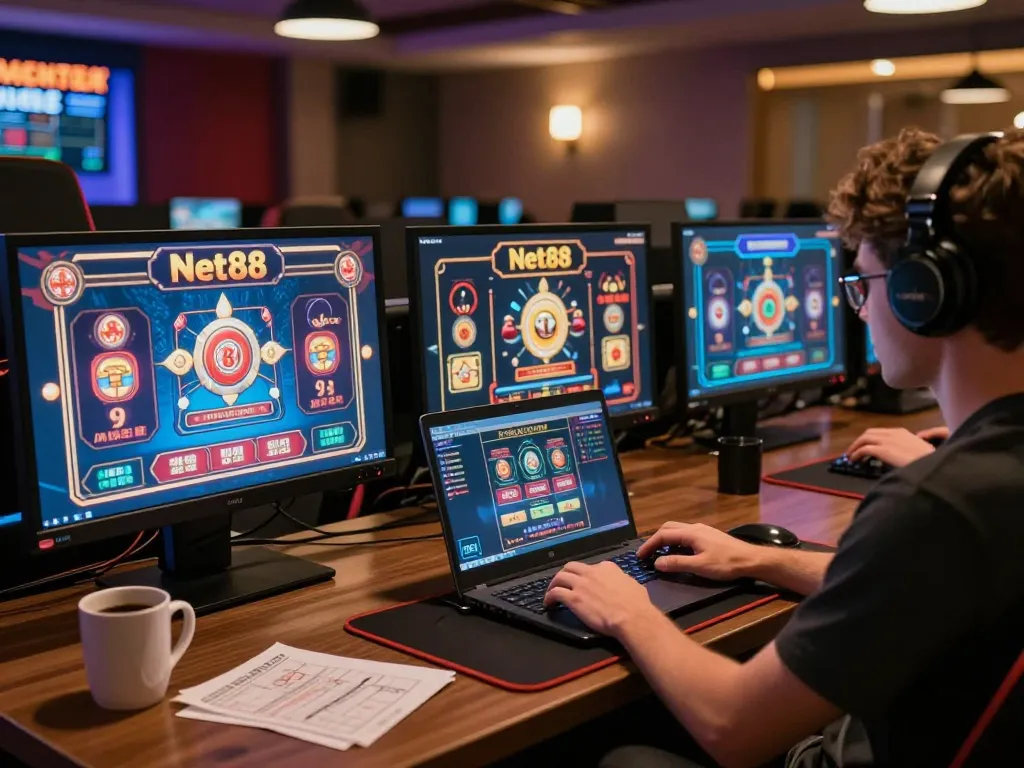 Engaged player enjoying net88 online casino games on multiple screens in a cozy setting