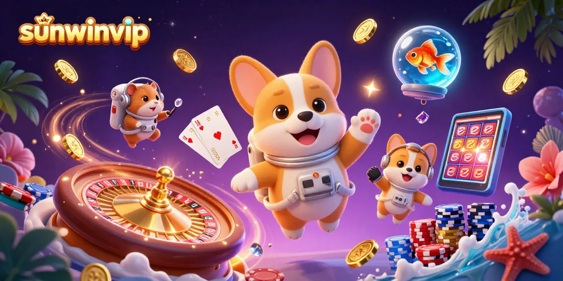 Engage with sunwinvip at a space-themed casino, featuring a corgi astronaut amidst floating chips and coins.