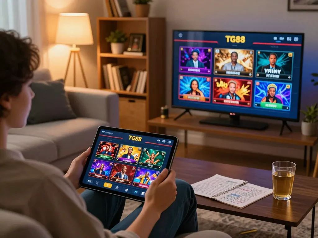 Player engaging with TG88 casino app on tablet in cozy living room setting.