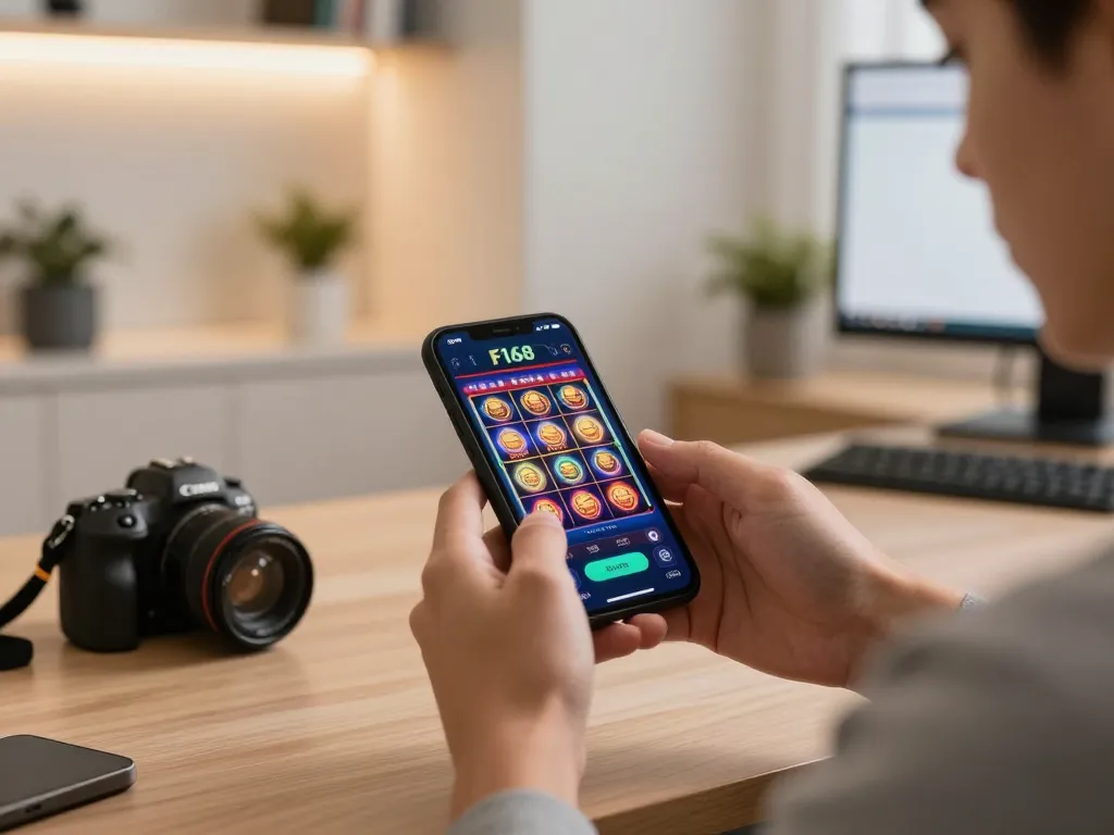 Player enjoying F168 casino app on smartphone in stylish home office environment