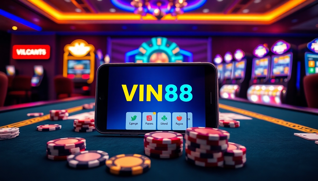 Exciting gameplay with the VIN88 App on a smartphone surrounded by colorful poker chips and casino elements.
