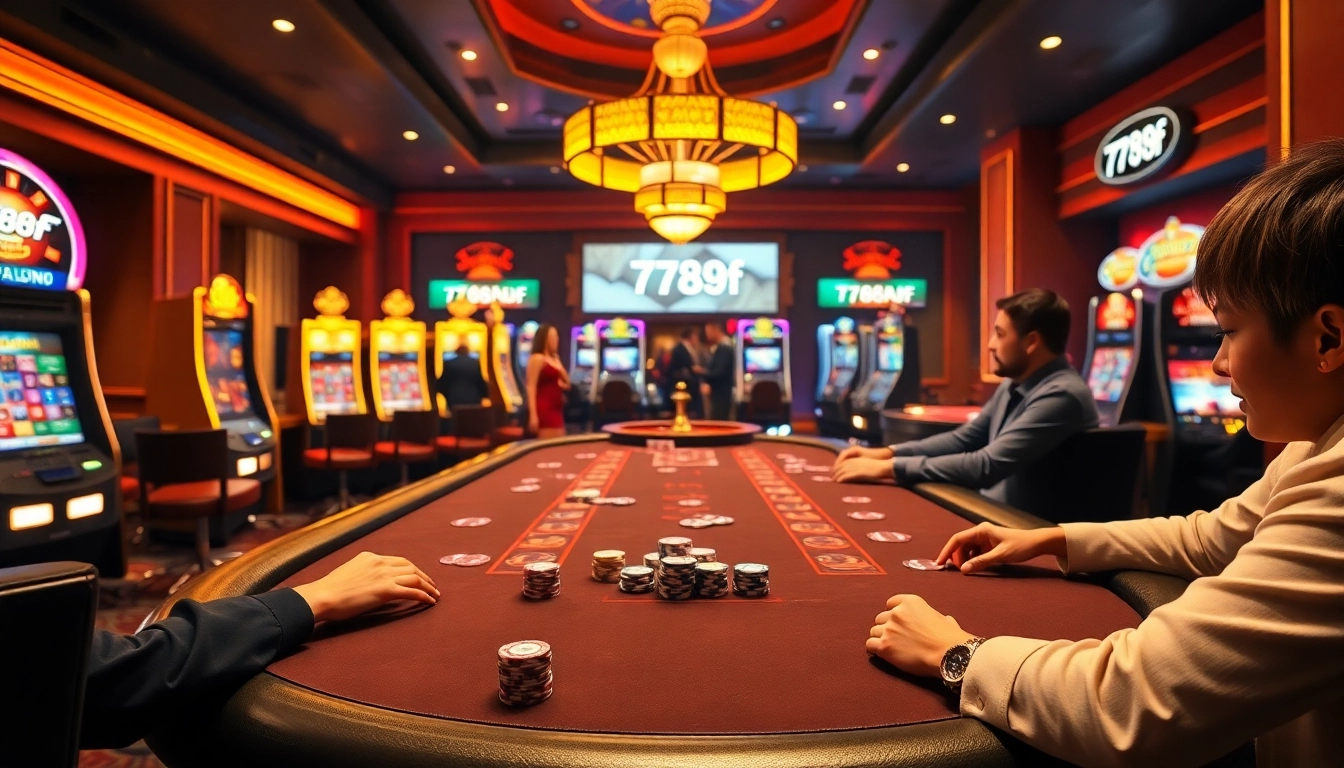 Engaging players at a 789f poker table amid vibrant casino excitement.