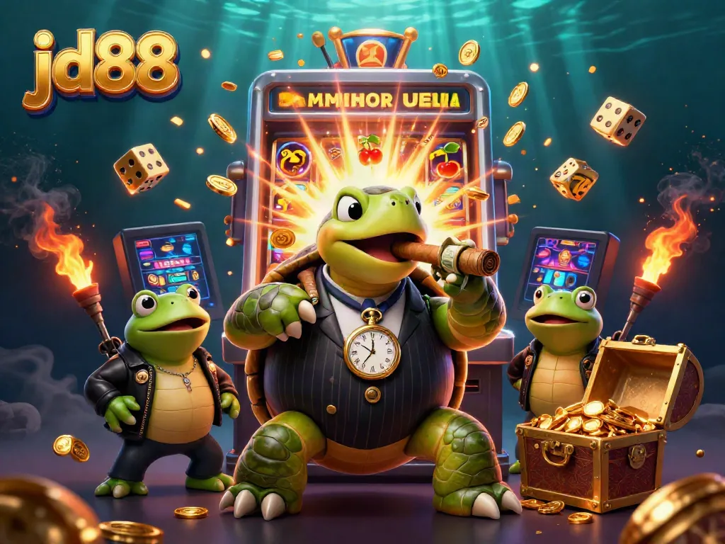 Experience excitement with jd88's vibrant casino scene featuring slots, characters, and treasures.