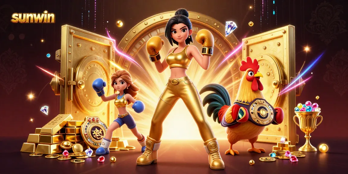 Win big with Sunwin: vibrant scene of a golden casino adventure with a boxing champion.