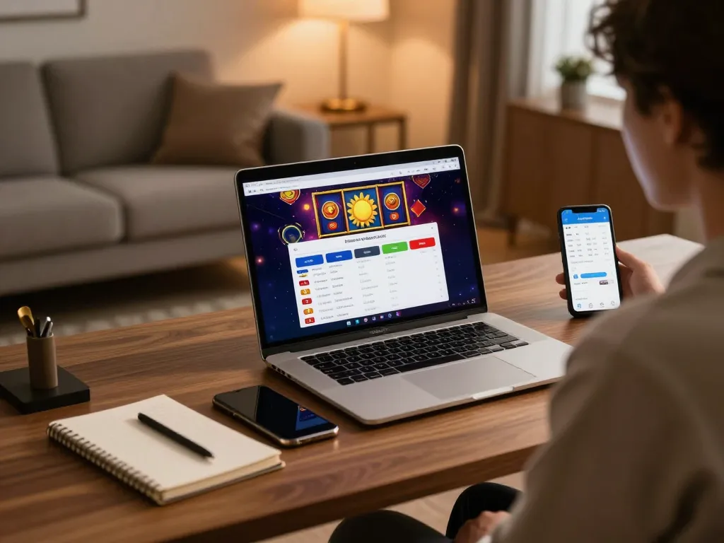 Engage with sun win gaming platform on a stylish laptop at home, showcasing responsible gaming.