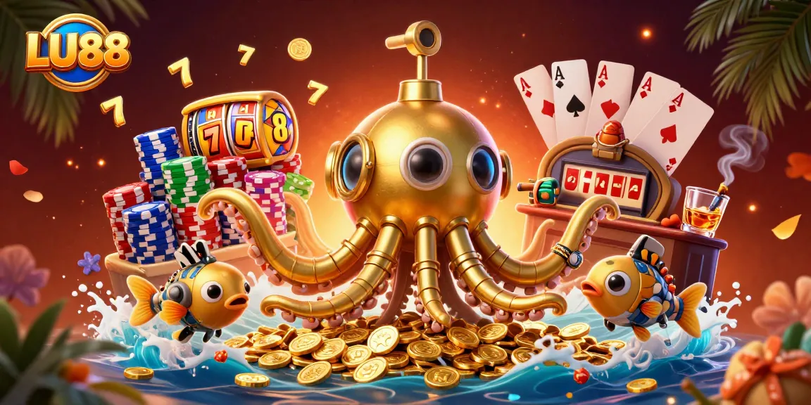 Experience the captivating LU88 casino scene with vibrant slot reels and golden treasures.