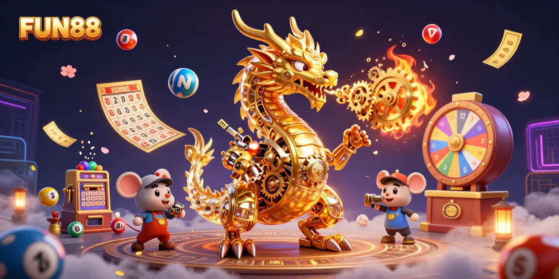 Discover exciting gaming at FUN88 with a vibrant 3D dragon and dynamic lottery elements.