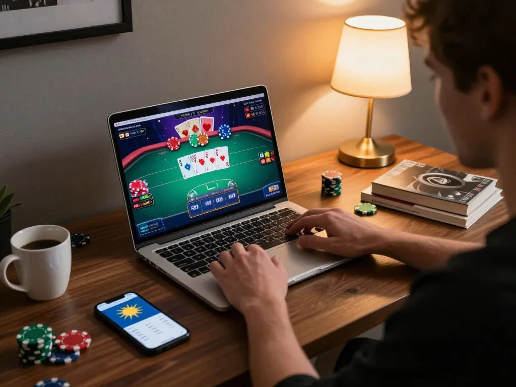 Player enjoying an online poker game on sunwin platform in a cozy home setting with laptop and smartphone.