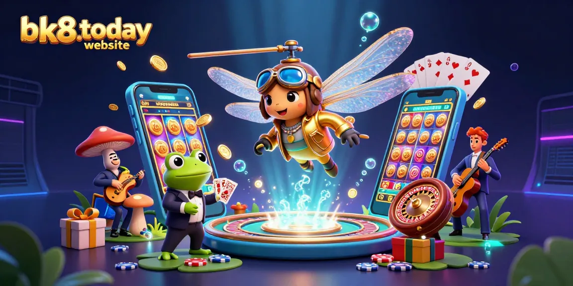 The bk8.today website showcases a vibrant animated scene with a dragonfly pilot and frog croupier, capturing the excitement of online gaming.