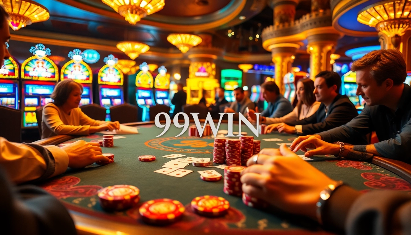 Players strategize at the poker table in 99WIN Casino, showcasing excitement and vibrant casino elements.