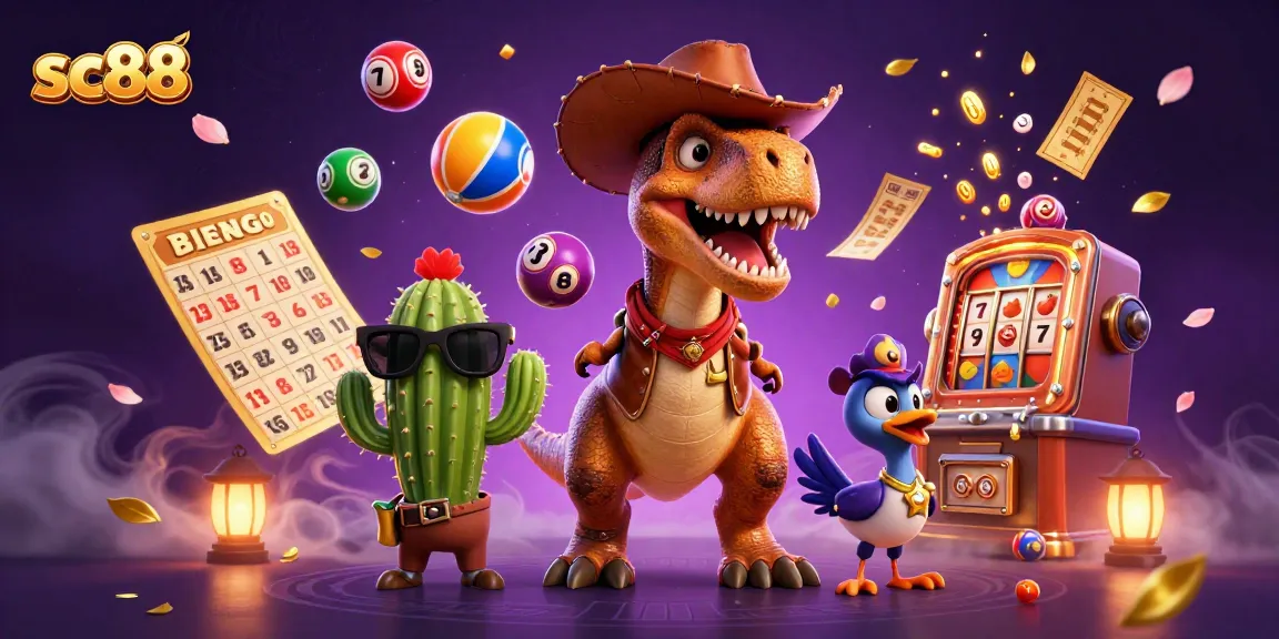 Win big with SC88 gaming excitement featuring a T-Rex cowboy, lottery balls, and vibrant casino elements!