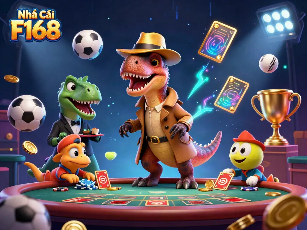 Experience thrilling casino action with Nhà cái F168 featuring exciting characters in a vibrant 3D illustration.