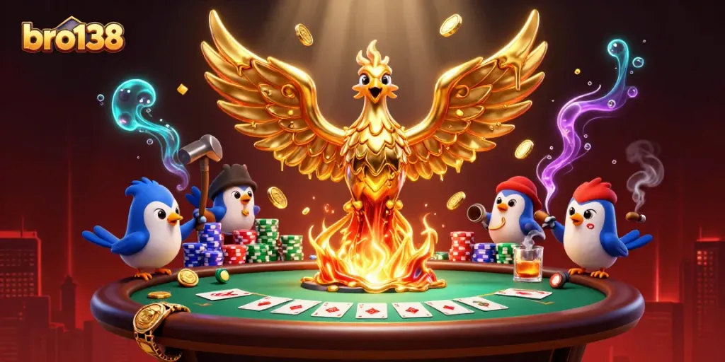 Engage with bro138's exciting poker gameplay featuring golden phoenix and dynamic casino elements.