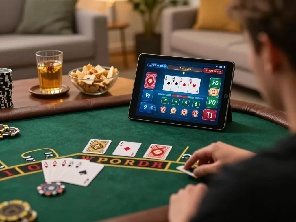 Player enjoying Ga368 live dealer gaming session on tablet, cozy home setting with snacks.