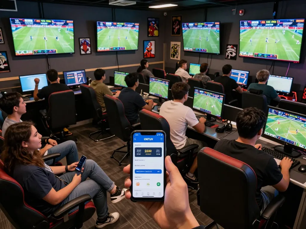 Engaged bettor using the OKFUN app for placing live sports bets in a lively lounge setting.