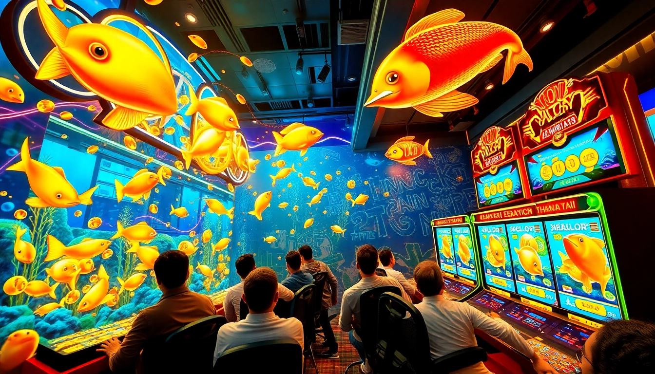 Bắn cá thần tài game scene with excited players and colorful 3D fish underwater treasures.