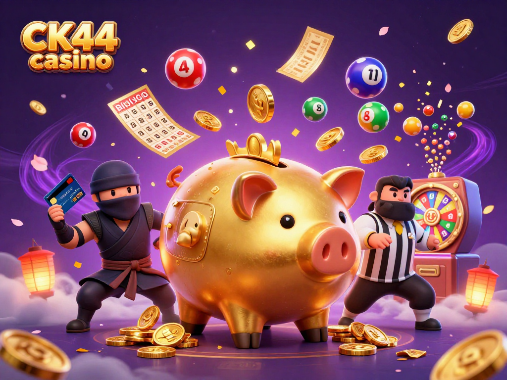 Experience the thrill of CK44 casino with vibrant gaming action in a dynamic 3D illustration.
