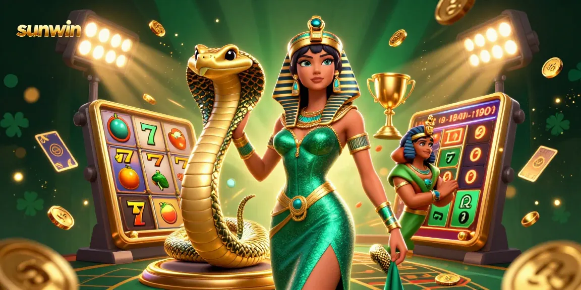 Engage with the sunwin experience in this dynamic casino illustration showcasing slot reels and a glamorous character.