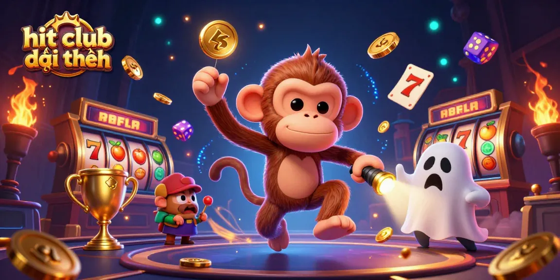 Experience the thrill of hit club đổi thưởng with a mischievous poltergeist monkey and ghost-hunter puppy in a vibrant casino scene.