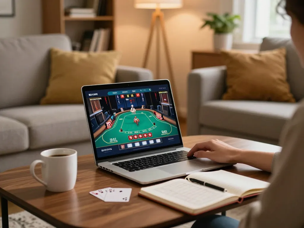 Player enjoying poker on rikvip platform in a cozy home, showcasing a comfortable online gaming setup.