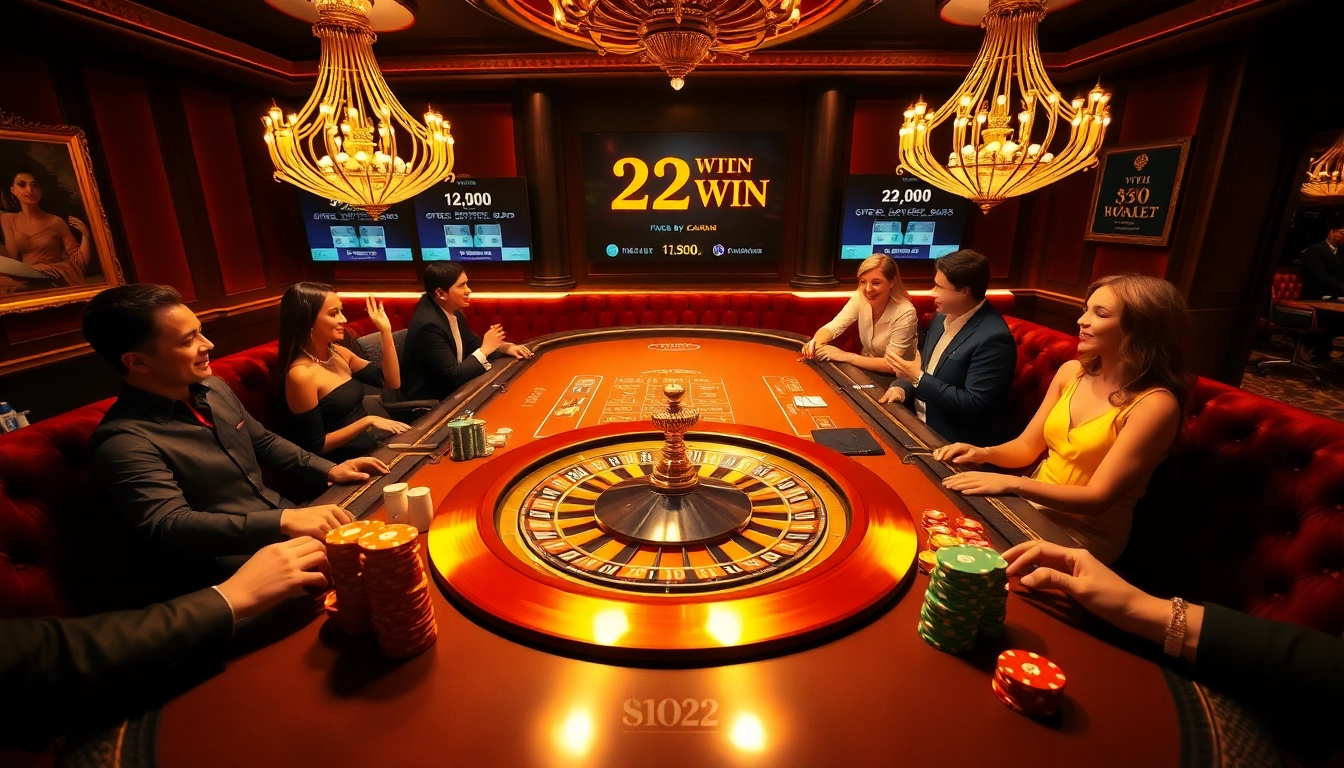 Players enjoying a thrilling game at the 32 WIN casino table, highlighting excitement and luxury in gambling.