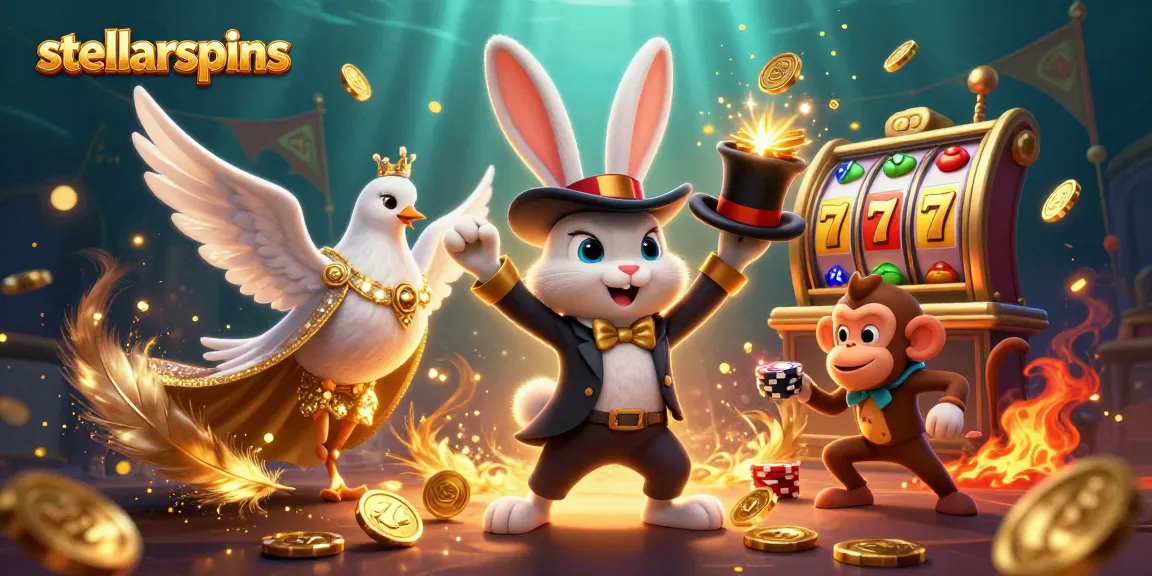 Experience stellarspins magical moments with a rabbit, dove, and monkey in a vibrant casino scene.